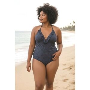 Time and Tru Women's Plus Eyelet Embroidered Ruffle One Piece Swimsuit Size 2X